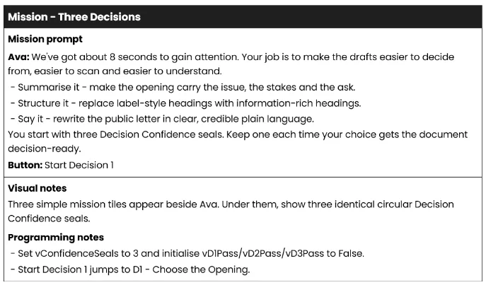 Storyboard for the mission briefing screen